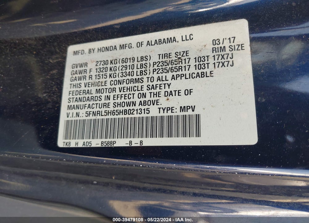 2017 HONDA ODYSSEY EX-L VIN: 5FNRL5H65HB021315