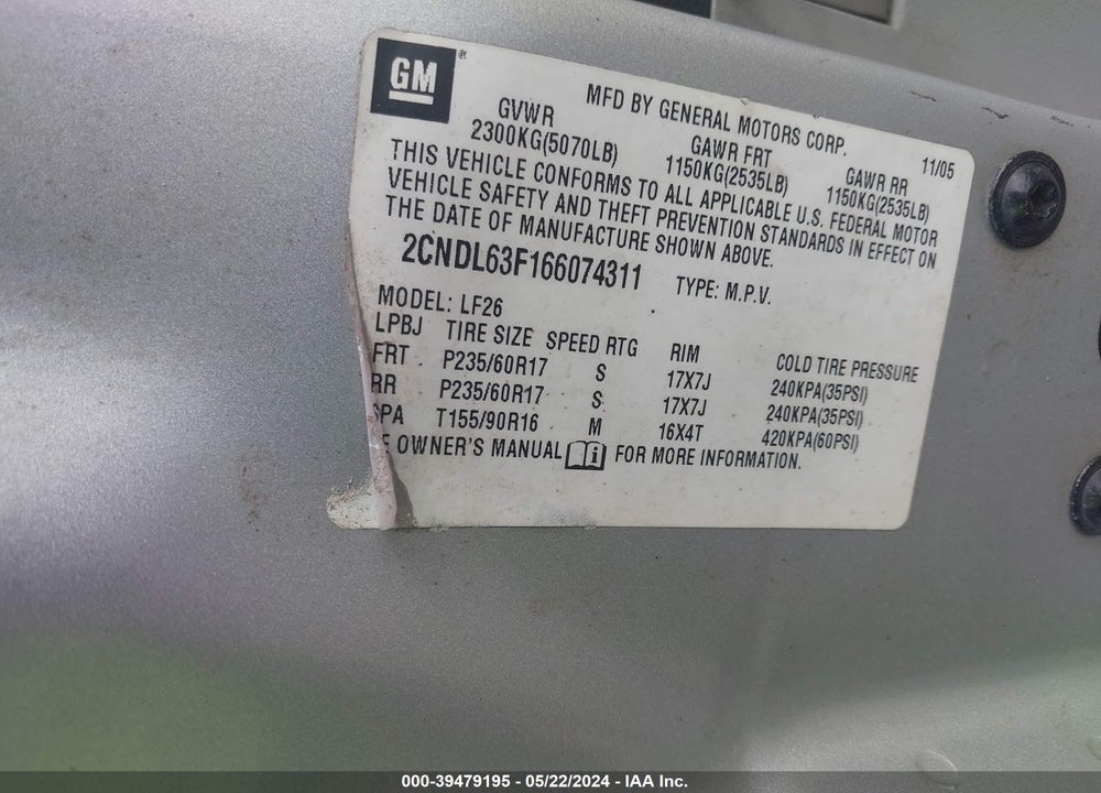 2006 CHEVROLET EQUINOX LT VIN: 2CNDL63F166074311