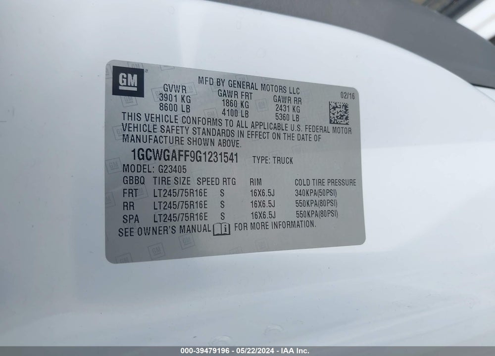 2016 CHEVROLET EXPRESS 2500 WORK VAN VIN: 1GCWGAFF9G1231541