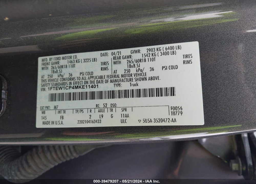 2021 FORD F-150 XLT VIN: 1FTEW1CP4MKE11401