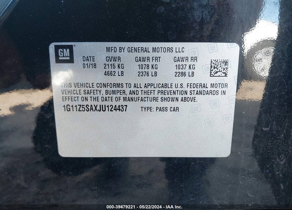 2018 CHEVROLET IMPALA VIN: 1G11Z5SAXJU124437