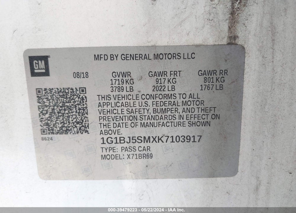 2019 CHEVROLET CRUZE CVT (FLEET ORDERS ONLY) VIN: 1G1BJ5SMXK7103917