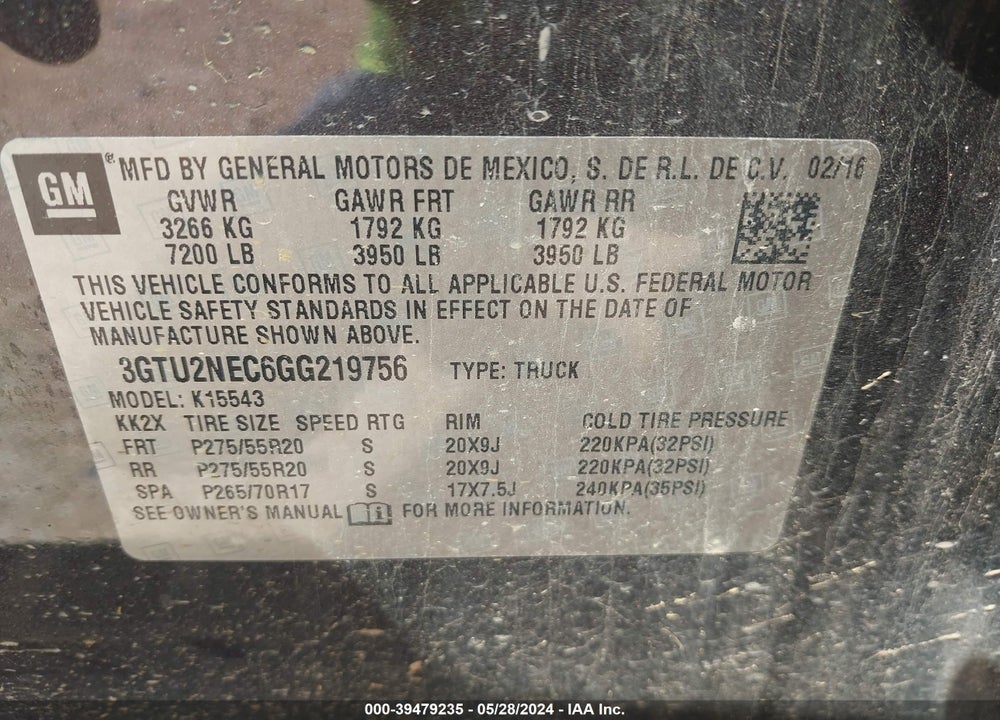 2016 GMC SIERRA 1500 SLT VIN: 3GTU2NEC6GG219756