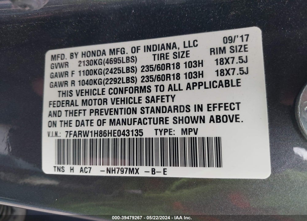 2017 HONDA CR-V EX-L/EX-L NAVI VIN: 7FARW1H86HE043135