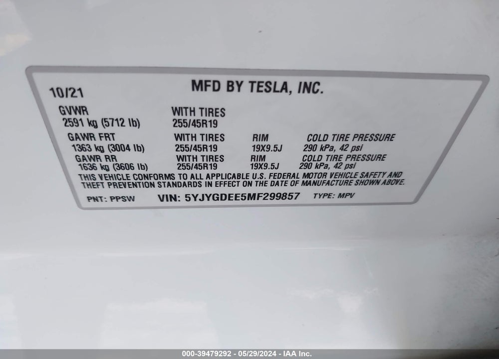 2021 TESLA MODEL Y LONG RANGE DUAL MOTOR ALL-WHEEL DRIVE VIN: 5YJYGDEE5MF299857