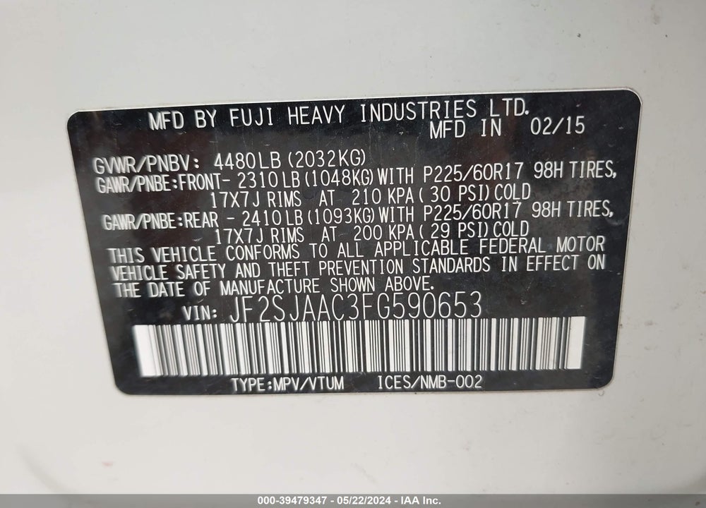 2015 SUBARU FORESTER VIN: JF2SJAAC3FG590653