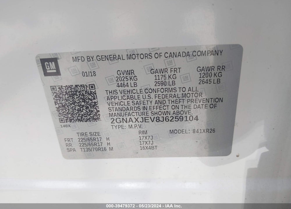 2018 CHEVROLET EQUINOX LT VIN: 2GNAXJEV8J6259104