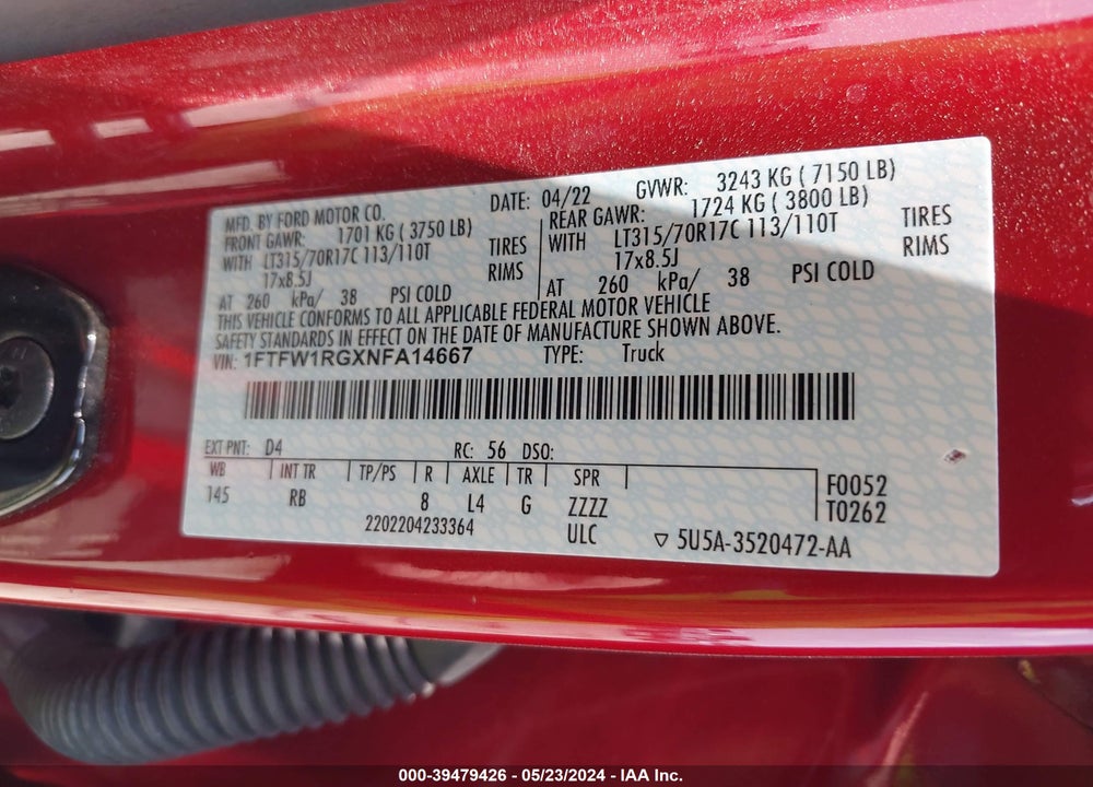 2022 FORD F-150 RAPTOR VIN: 1FTFW1RGXNFA14667