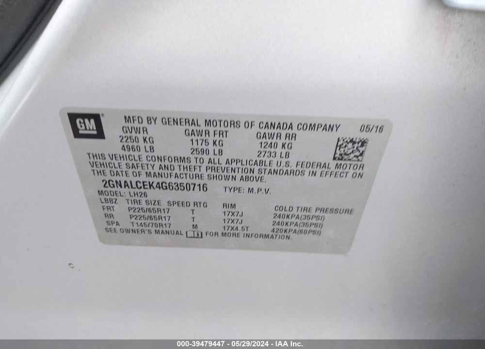 2016 CHEVROLET EQUINOX LT VIN: 2GNALCEK4G6350716