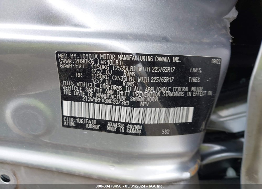 2022 TOYOTA RAV4 VIN: 2T3W1RFV3NC207369