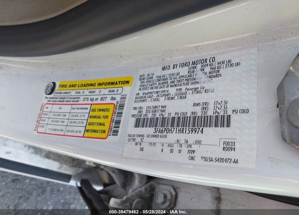 2017 FORD FUSION SE VIN: 3FA6P0H71HR159974