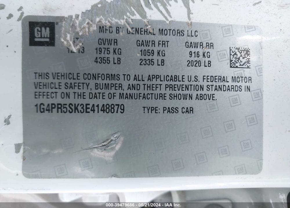 2014 BUICK VERANO CONVENIENCE GROUP VIN: 1G4PR5SK3E4148879