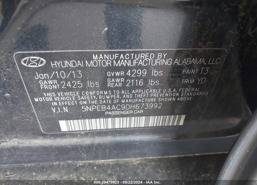 2013 HYUNDAI SONATA GLS VIN: 5NPEB4AC9DH673992