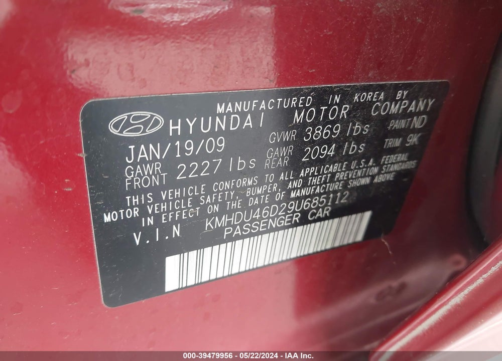 2009 HYUNDAI ELANTRA GLS VIN: KMHDU46D29U685112