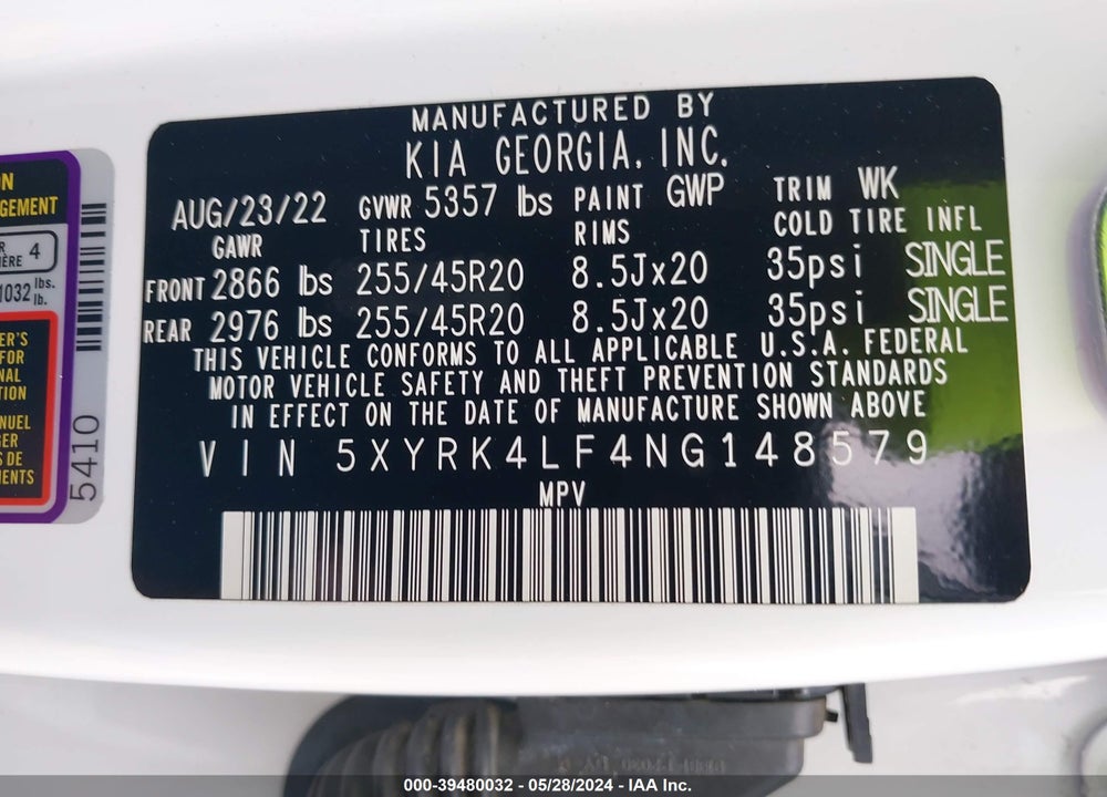 2022 KIA SORENTO SX VIN: 5XYRK4LF4NG148579