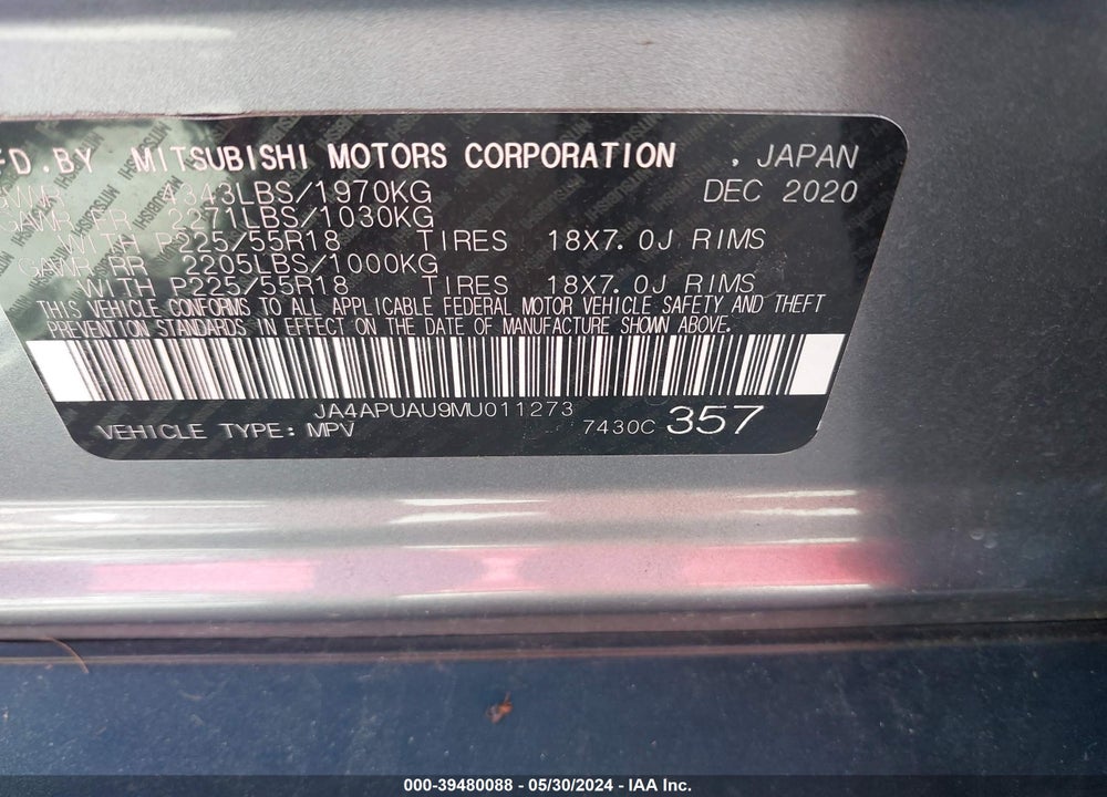 2021 MITSUBISHI OUTLANDER SPORT 2.0 BE 2WD/2.0 ES 2WD/2.0 LE 2WD/2.0 S 2WD VIN: JA4APUAU9MU011273