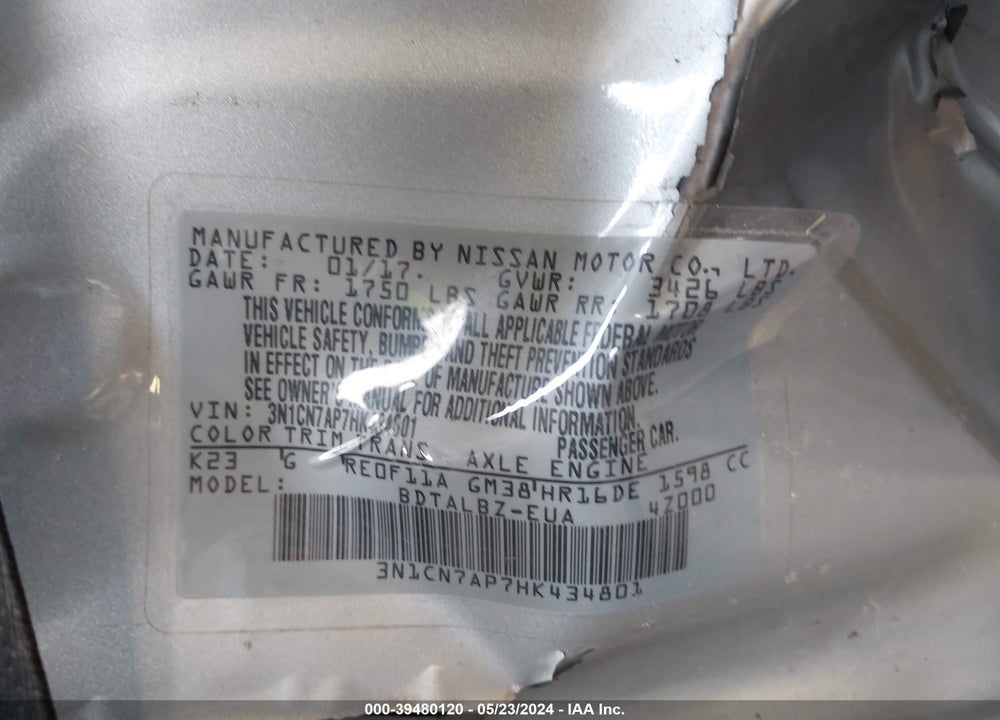2017 NISSAN VERSA 1.6 SV VIN: 3N1CN7AP7HK434801