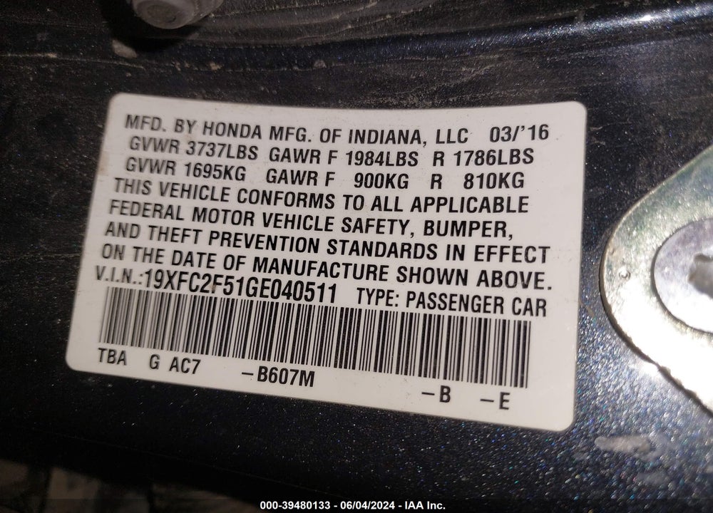 2016 HONDA CIVIC LX VIN: 19XFC2F51GE040511
