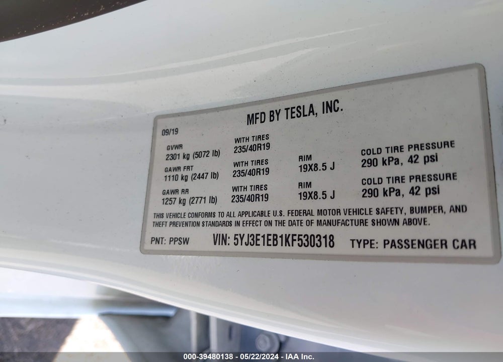 2019 TESLA MODEL 3 LONG RANGE/PERFORMANCE VIN: 5YJ3E1EB1KF530318