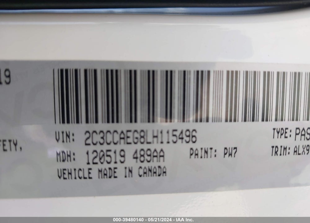 2020 CHRYSLER 300 LIMITED VIN: 2C3CCAEG8LH115496
