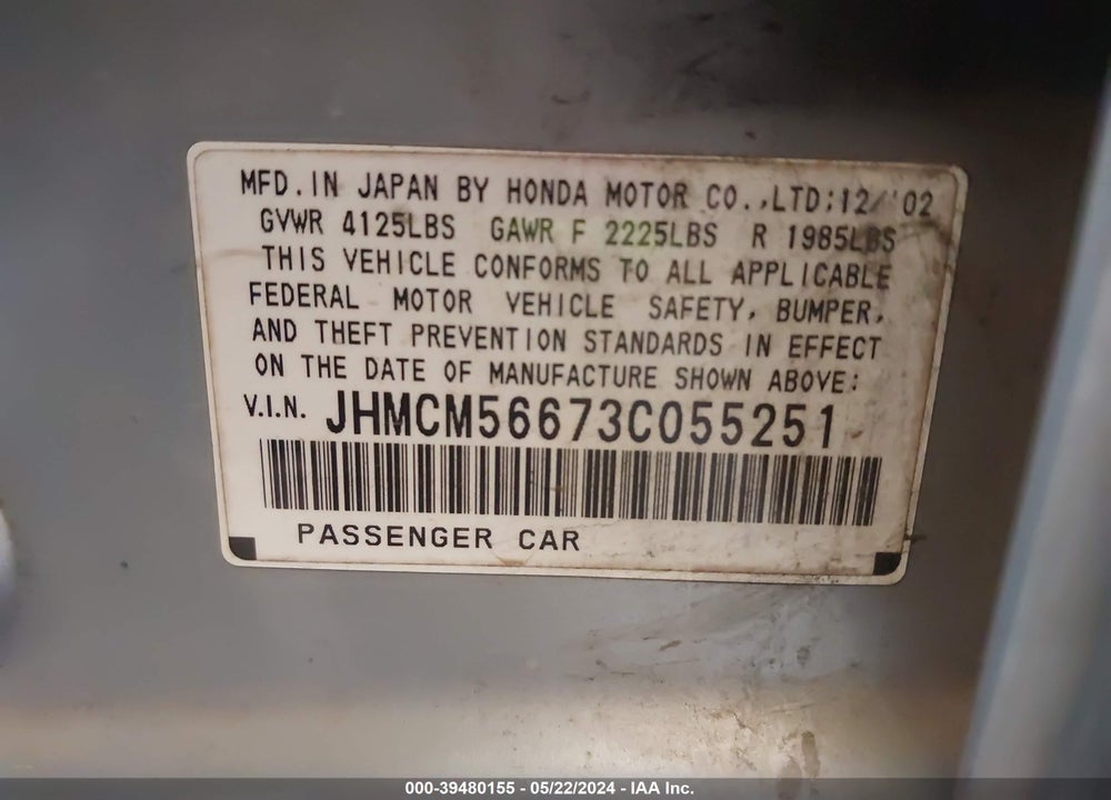 2003 HONDA ACCORD 2.4 EX VIN: JHMCM56673C055251