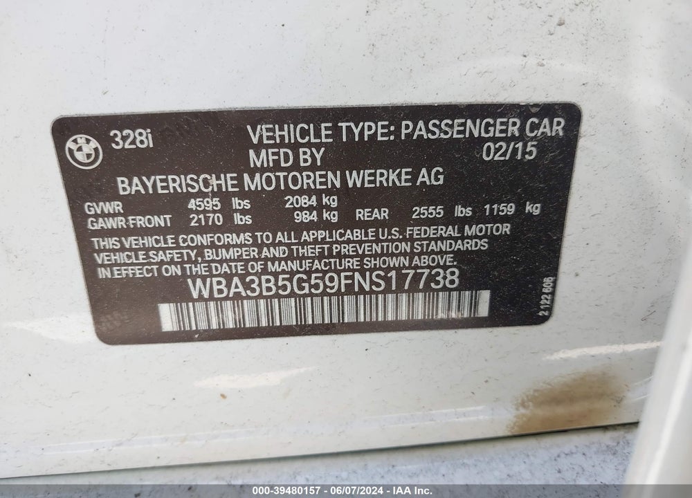 2015 BMW 328I XDRIVE VIN: WBA3B5G59FNS17738