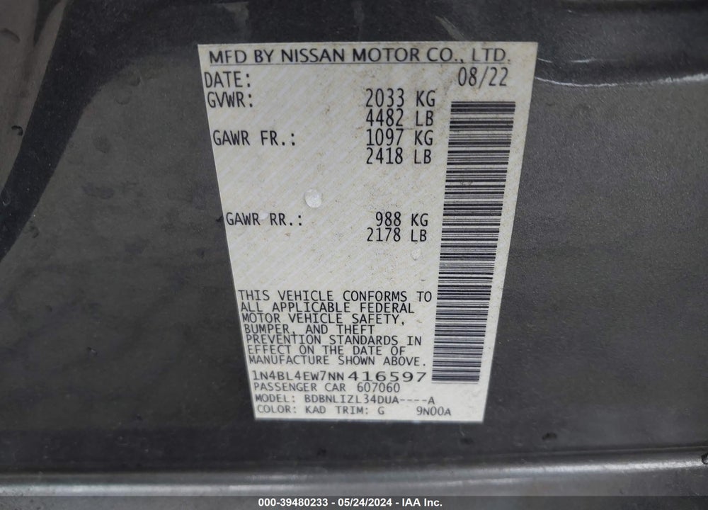2022 NISSAN ALTIMA SL INTELLIGENT AWD VIN: 1N4BL4EW7NN416597