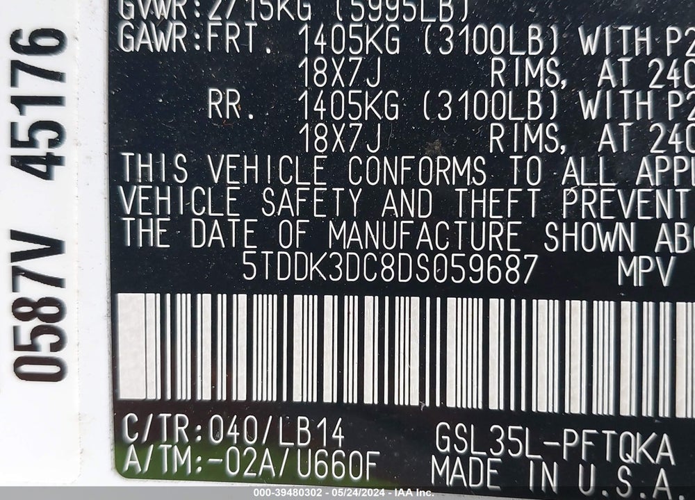 2013 TOYOTA SIENNA XLE 7 PASSENGER VIN: 5TDDK3DC8DS059687
