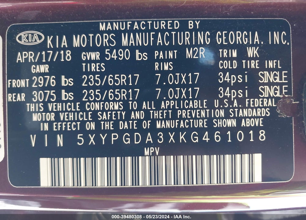 2019 KIA SORENTO 2.4L LX VIN: 5XYPGDA3XKG461018
