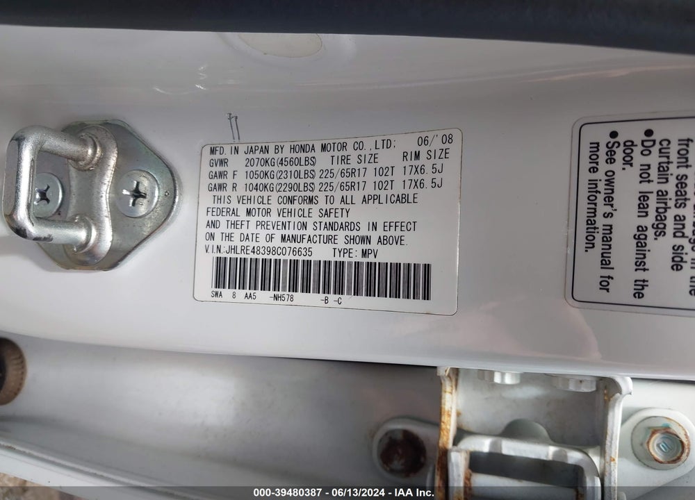 2008 HONDA CR-V LX VIN: JHLRE48398C076635