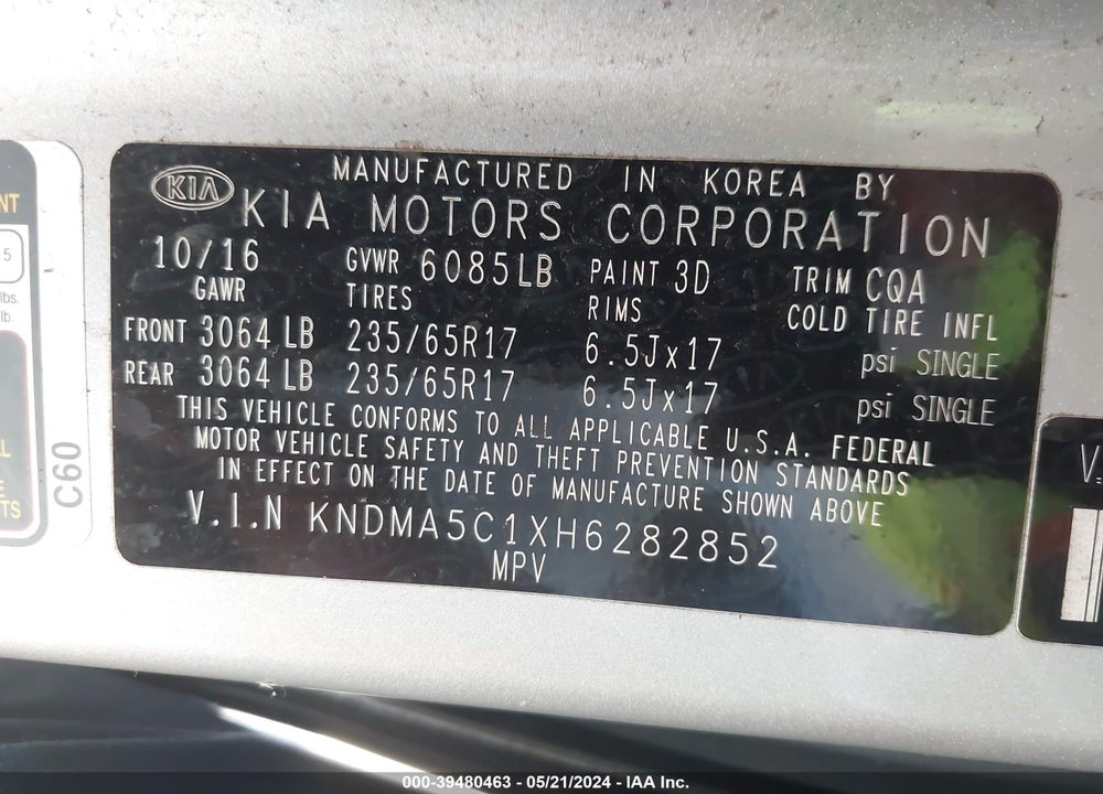 2017 KIA SEDONA L VIN: KNDMA5C1XH6282852
