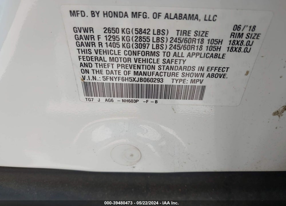 2018 HONDA PILOT EX-L VIN: 5FNYF6H5XJB060293