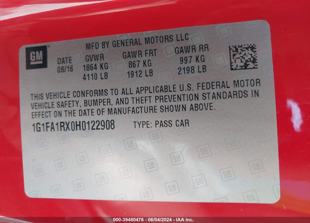 2017 CHEVROLET CAMARO 1LT VIN: 1G1FA1RX0H0122908