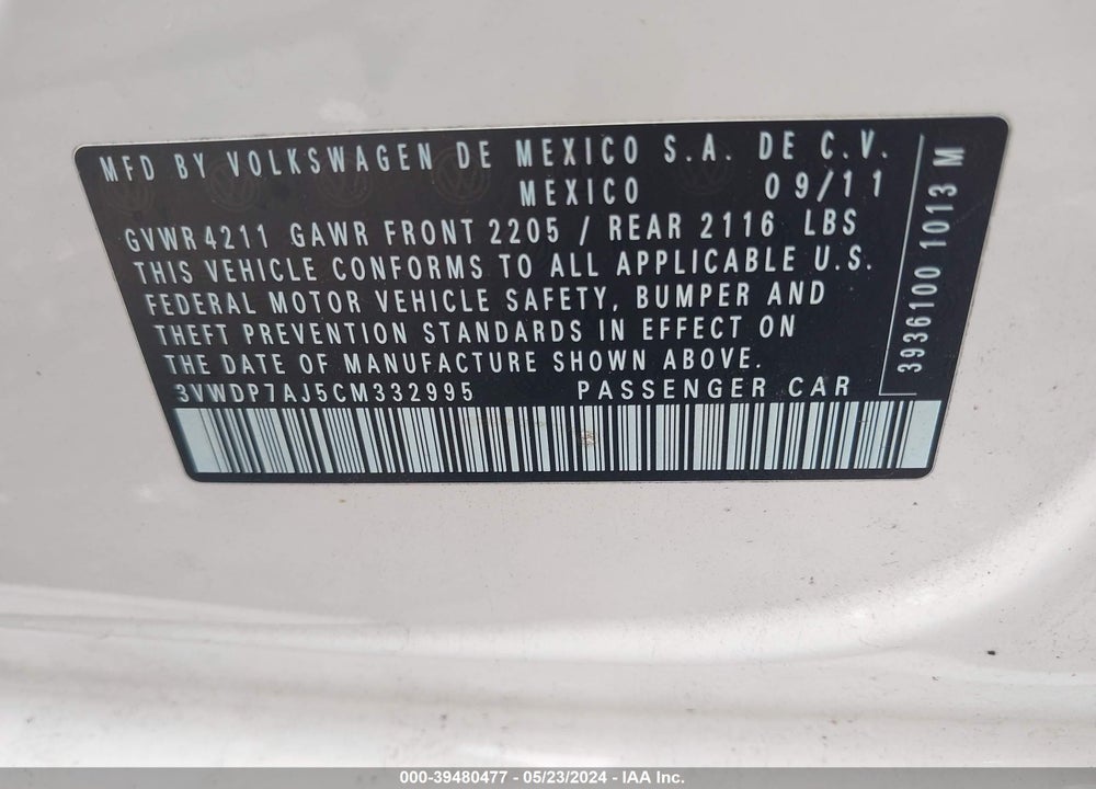 2012 VOLKSWAGEN JETTA 2.5L SE VIN: 3VWDP7AJ5CM332995