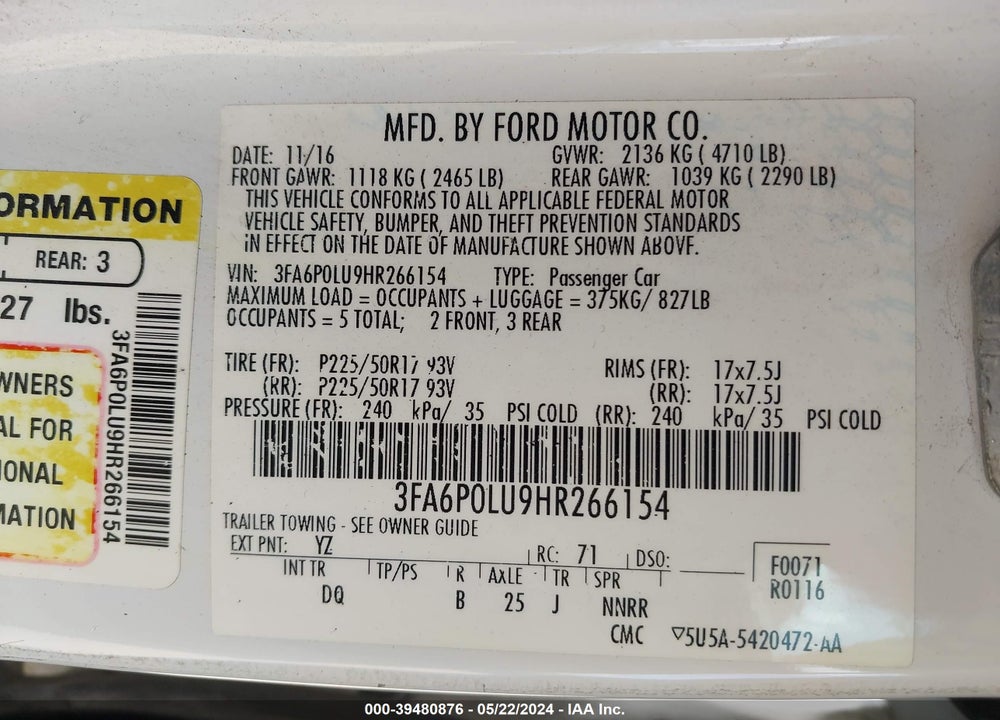 2017 FORD FUSION HYBRID SE VIN: 3FA6P0LU9HR266154