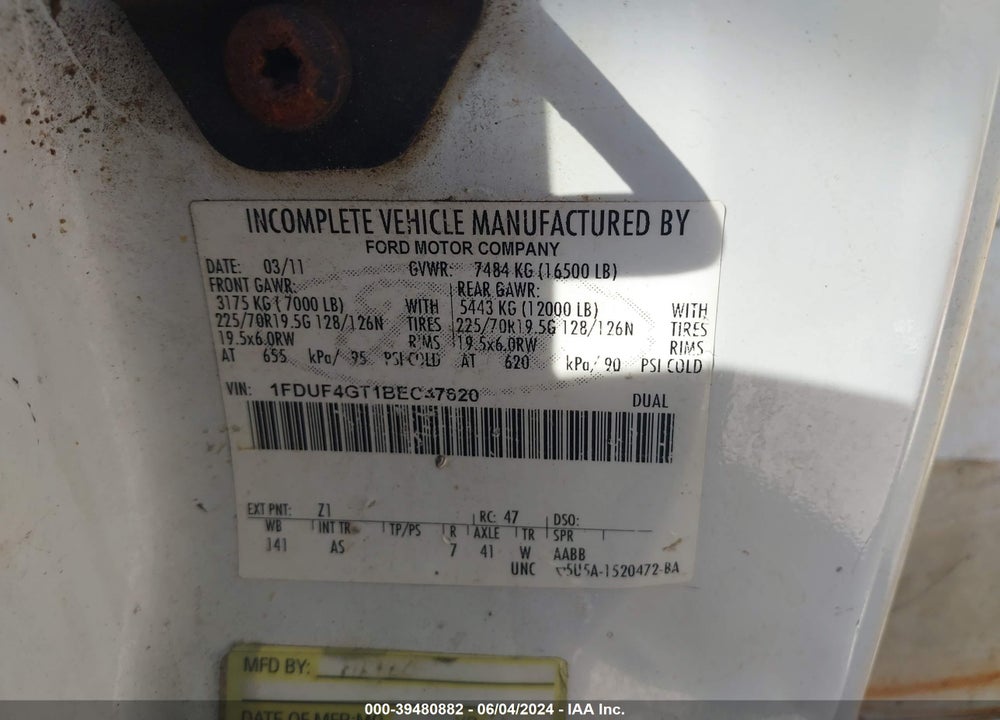 2011 FORD F-450 CHASSIS XL VIN: 1FDUF4GT1BEC47620