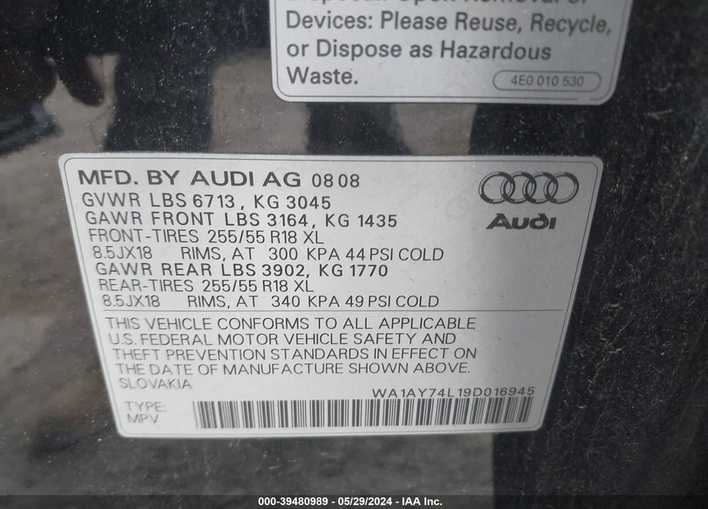 2009 AUDI Q7 VIN: WA1AY74L19D016945