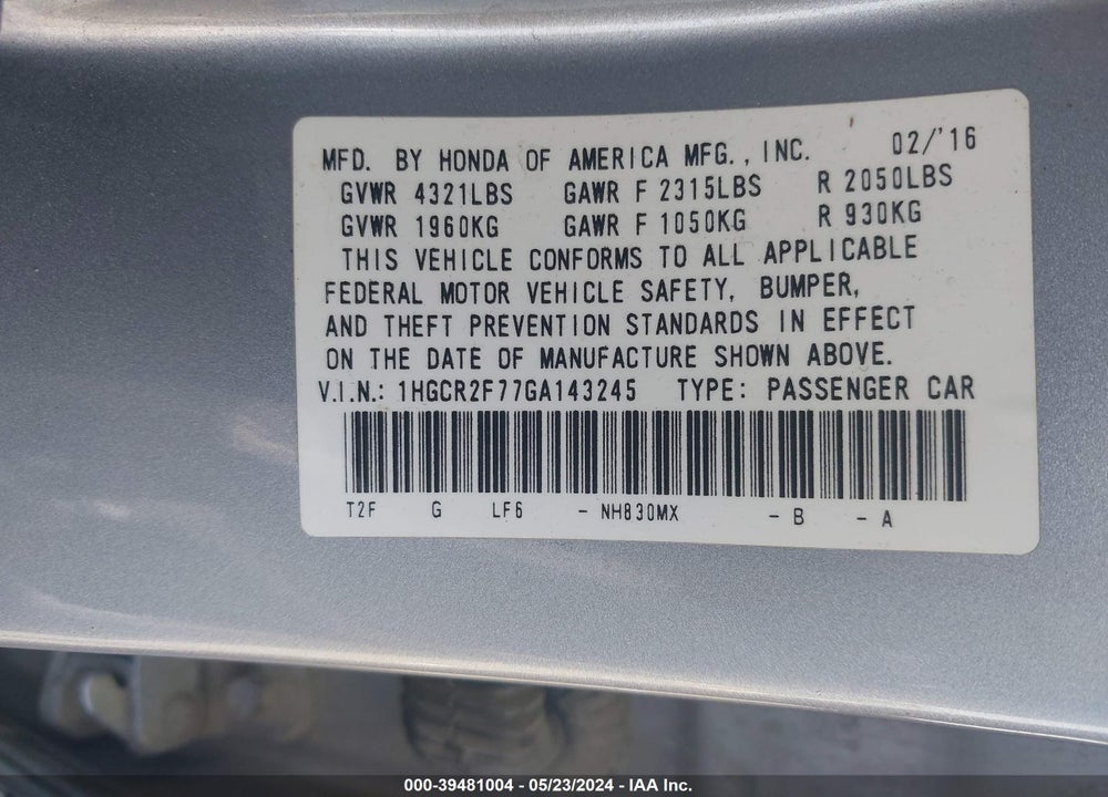 2016 HONDA ACCORD EX VIN: 1HGCR2F77GA143245