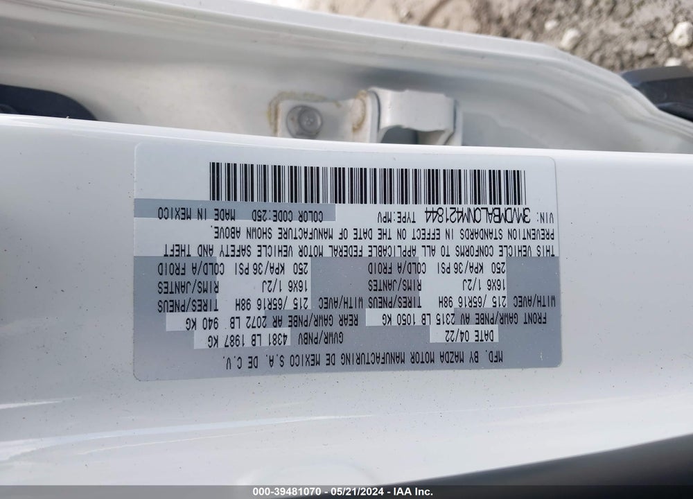2022 MAZDA CX-30 VIN: 3MVDMBAL0NM421844