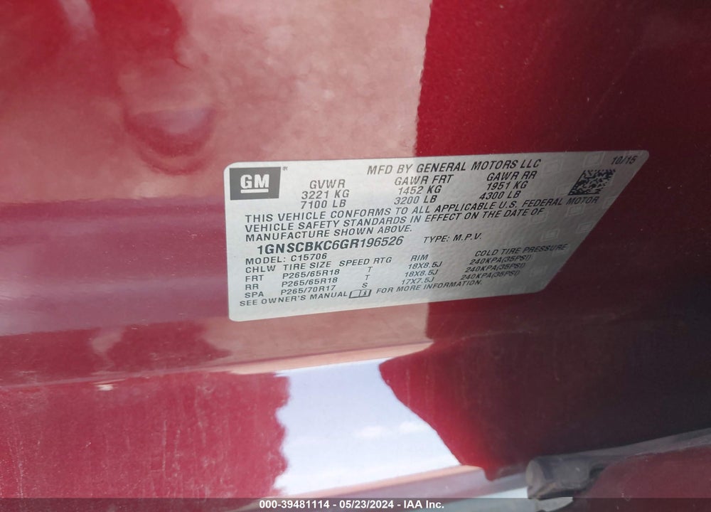 2016 CHEVROLET TAHOE LT VIN: 1GNSCBKC6GR196526