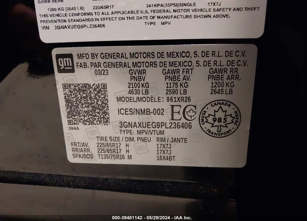 2023 CHEVROLET EQUINOX AWD LT VIN: 3GNAXUEG9PL236406
