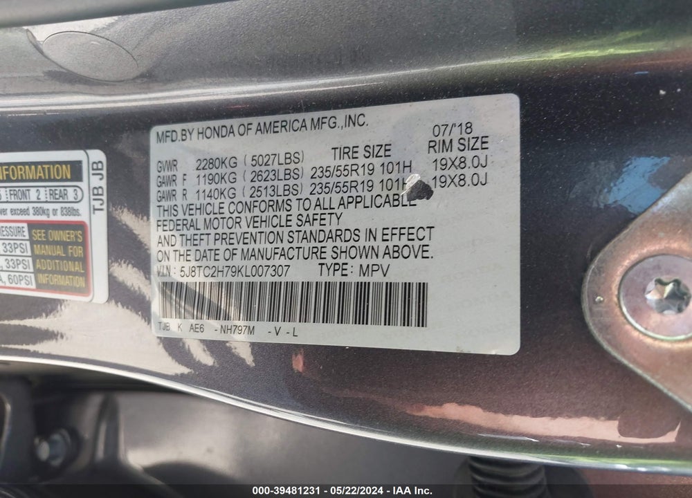 2019 ACURA RDX ADVANCE PACKAGE VIN: 5J8TC2H79KL007307