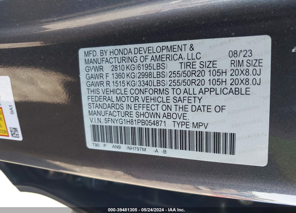 2023 HONDA PILOT AWD ELITE VIN: 5FNYG1H81PB054871