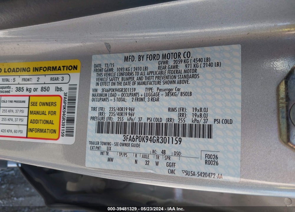 2016 FORD FUSION TITANIUM VIN: 3FA6P0K94GR301159