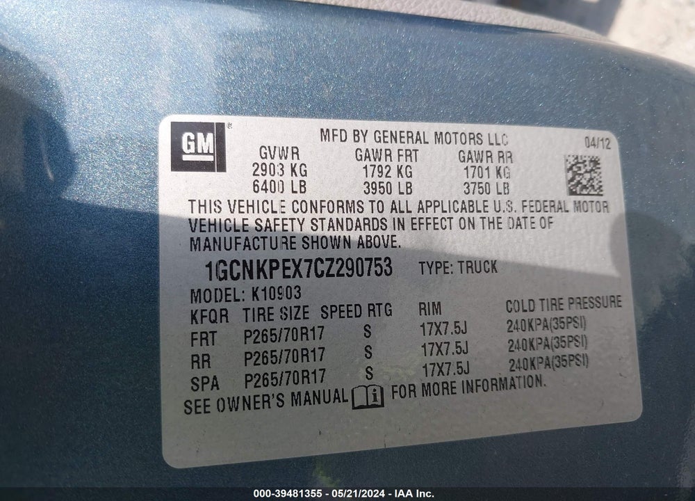 2012 CHEVROLET SILVERADO 1500 WORK TRUCK VIN: 1GCNKPEX7CZ290753