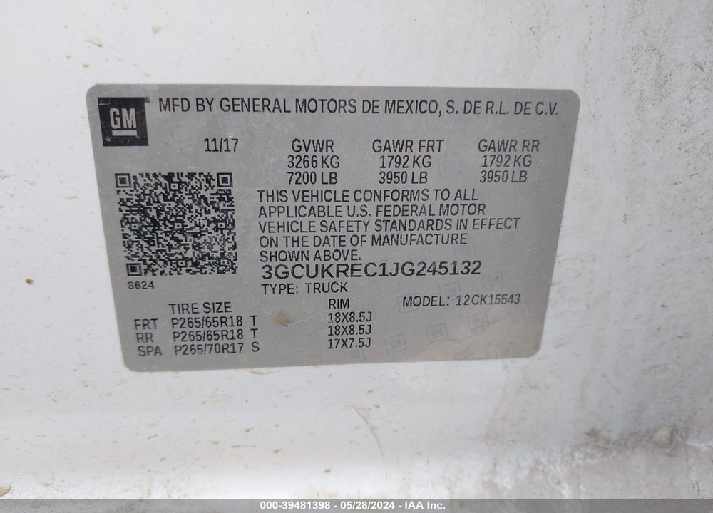2018 CHEVROLET SILVERADO 1500 2LT VIN: 3GCUKREC1JG245132
