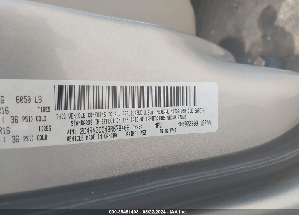 2011 DODGE GRAND CARAVAN MAINSTREET VIN: 2D4RN3DG4BR678408