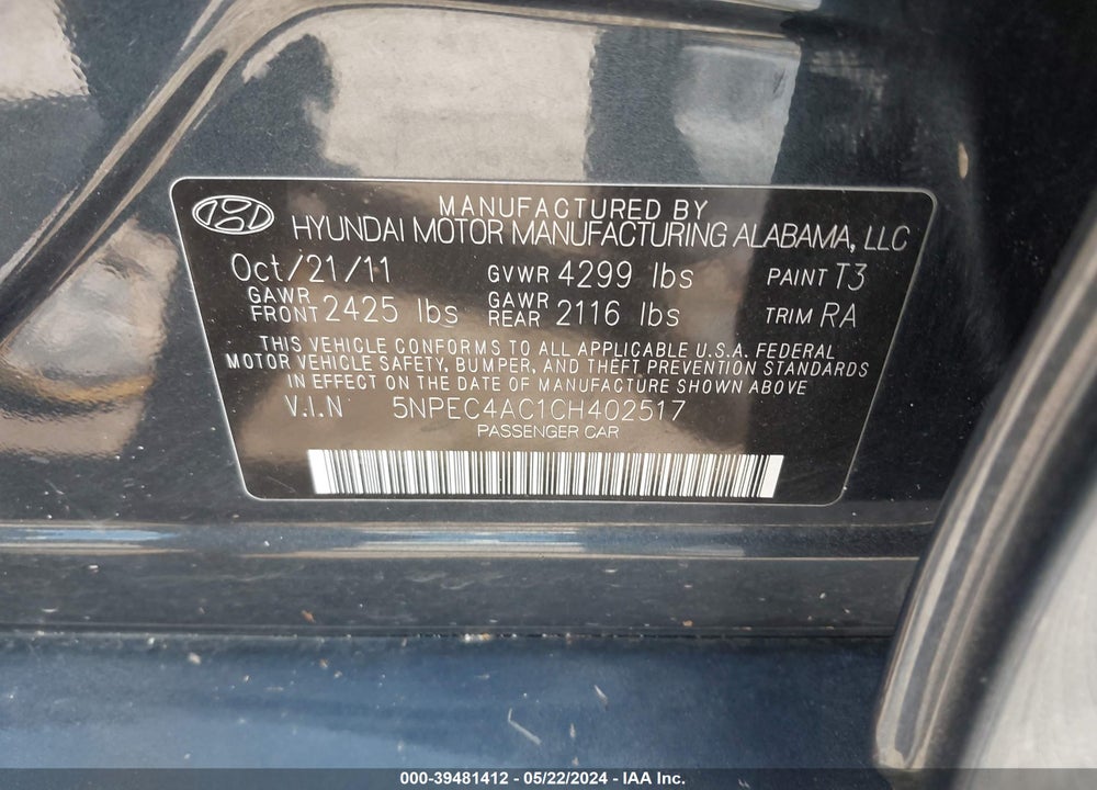2012 HYUNDAI SONATA SE VIN: 5NPEC4AC1CH402517