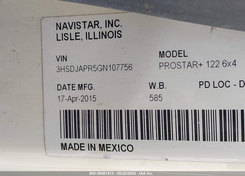 2016 INTERNATIONAL PROSTAR VIN: 3HSDJAPR5GN107756