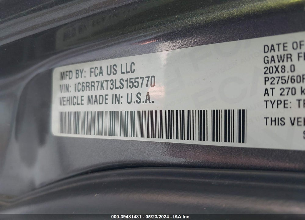 2020 RAM 1500 CLASSIC TRADESMAN 4X4 5'7 BOX VIN: 1C6RR7KT3LS155770